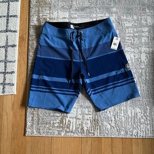 VOLCOM Mens board shorts blue striped NEW NWT 32 waist drawstring